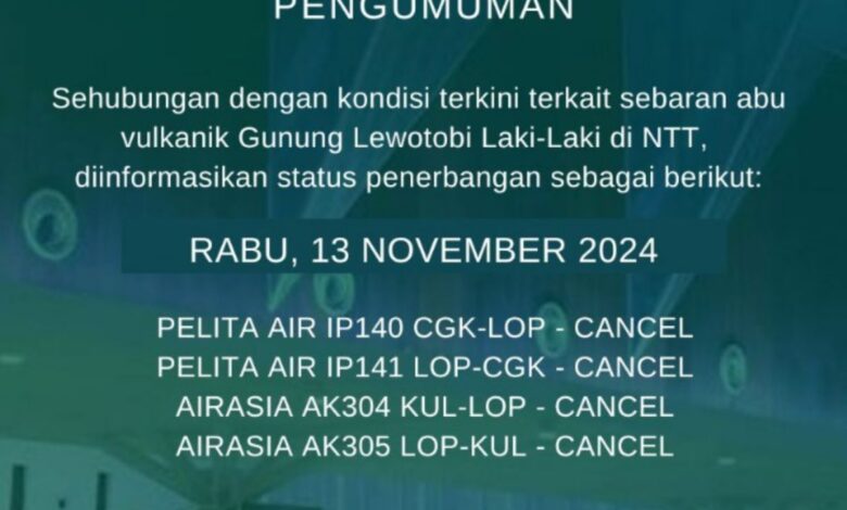 Dua rute penerbangan di area tempat Bandara Lombok batal dampak letusan Lewotobi 