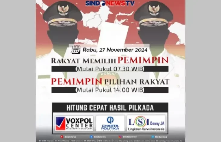 Saksikan Rakyat Memilih Pemimpin lalu Pemimpin Pilihan Rakyat pada SINDONEWS TV lalu SINDOnews.com, Rabu 27 November 2024 Mulai Saat 07.30 Waktu Indonesia Barat